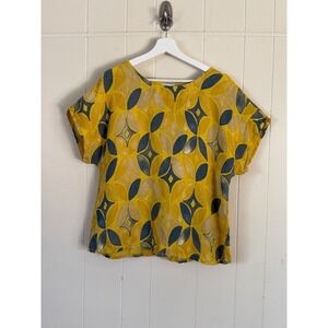 Pure Linen Made in Italy Yellow Blue Geometric  Short Sleeve Blouse Size XL